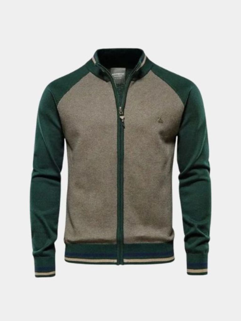 Zipper Color Block Standing Collar Cardigan Sweater - Nordwr