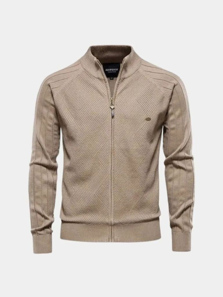 Knit Zipper Jacquard Solid Color Cardigan Sweater - Nordwr