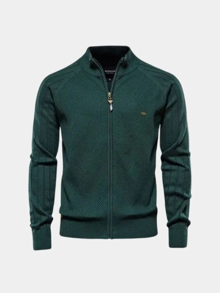 Knit Zipper Jacquard Solid Color Cardigan Sweater - Nordwr