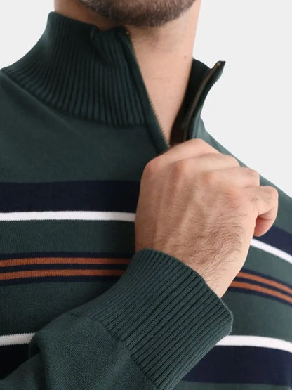 Knit Striped Quarter-Zip Jumper Sweater - Nordwr