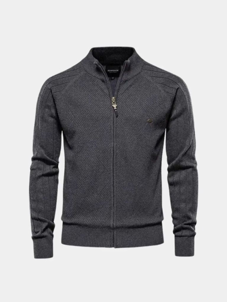 Knit Zipper Jacquard Solid Color Cardigan Sweater - Nordwr