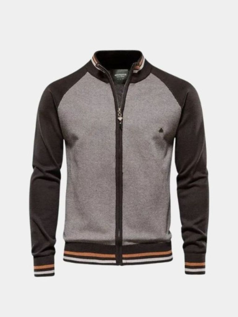 Zipper Color Block Standing Collar Cardigan Sweater - Nordwr
