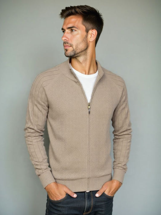Knit Zipper Jacquard Solid Color Cardigan Sweater - Nordwr