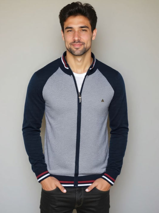 Zipper Color Block Standing Collar Cardigan Sweater - Nordwr